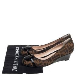 Pre Owned Fendi Brown Zucca Canvas Patent Leather  Wedge Pumps Size 37.5