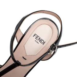 Pre Owned Fendi Black Patent Leather Printed Wedge T-Strap Sandals Size 36