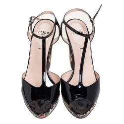 Pre Owned Fendi Black Patent Leather Printed Wedge T-Strap Sandals Size 36
