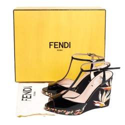 Pre Owned Fendi Black Patent Leather Printed Wedge T-Strap Sandals Size 36