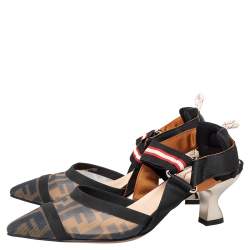 Pre Owned Fendi Brown/Black Zucca Mesh And Leather Colibri Slingback Sandals Size 38