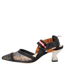 Pre Owned Fendi Brown/Black Zucca Mesh And Leather Colibri Slingback Sandals Size 38