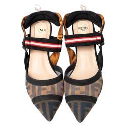 Pre Owned Fendi Brown/Black Zucca Mesh And Leather Colibri Slingback Sandals Size 38
