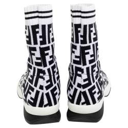 Pre Owned Fendi Black/White Knit Fabric Logo Sock Sneakers Size 39