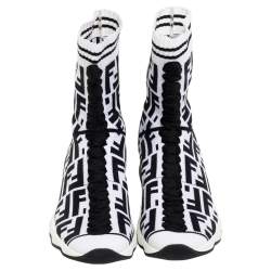 Pre Owned Fendi Black/White Knit Fabric Logo Sock Sneakers Size 39