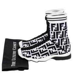 Pre Owned Fendi Black/White Knit Fabric Logo Sock Sneakers Size 39