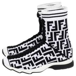 Pre Owned Fendi Black/White Knit Fabric Logo Sock Sneakers Size 39