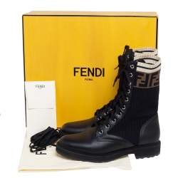 Pre Owned Fendi Black Leather And FF Motif Detail Stretch Fabric Rockoko Combat Boots Size 38