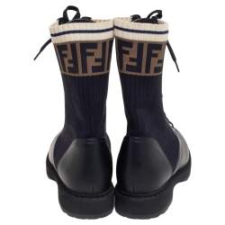 Pre Owned Fendi Black Leather And FF Motif Detail Stretch Fabric Rockoko Combat Boots Size 38