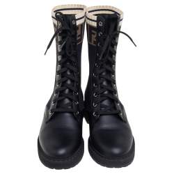 Pre Owned Fendi Black Leather And FF Motif Detail Stretch Fabric Rockoko Combat Boots Size 38