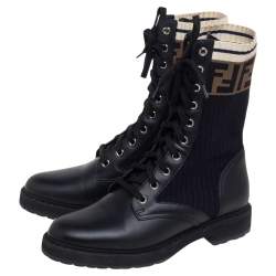 Pre Owned Fendi Black Leather And FF Motif Detail Stretch Fabric Rockoko Combat Boots Size 38