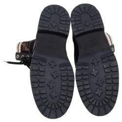 Pre Owned Fendi Black Leather And FF Motif Detail Stretch Fabric Rockoko Combat Boots Size 38