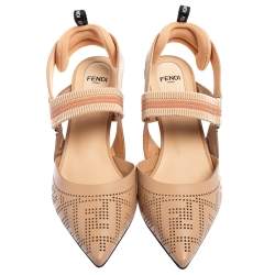 Fendi Beige Perforated Leather Colibri Slingback Pointed Toe Sandals Size 38