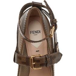 Pre Owned Fendi Brown Patent Leather And FF Coated Canvas Buckled Strap Décolleté Pumps Size 37.5