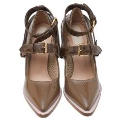 Pre Owned Fendi Brown Patent Leather And FF Coated Canvas Buckled Strap Décolleté Pumps Size 37.5
