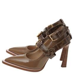 Pre Owned Fendi Brown Patent Leather And FF Coated Canvas Buckled Strap Décolleté Pumps Size 37.5