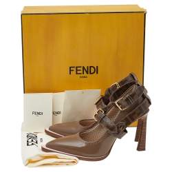 Pre Owned Fendi Brown Patent Leather And FF Coated Canvas Buckled Strap Décolleté Pumps Size 37.5