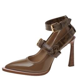 Pre Owned Fendi Brown Patent Leather And FF Coated Canvas Buckled Strap Décolleté Pumps Size 37.5