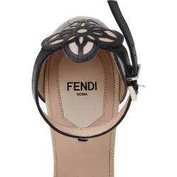 Pre Owned Fendi Black/Beige Laser Cut Leather Block Heel Ankle Strap Sandals Size 39