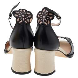 Pre Owned Fendi Black/Beige Laser Cut Leather Block Heel Ankle Strap Sandals Size 39