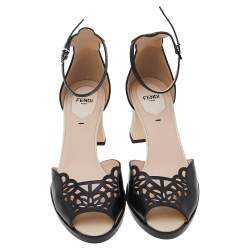 Pre Owned Fendi Black/Beige Laser Cut Leather Block Heel Ankle Strap Sandals Size 39