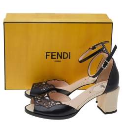 Pre Owned Fendi Black/Beige Laser Cut Leather Block Heel Ankle Strap Sandals Size 39