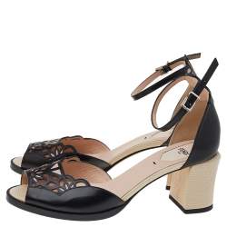 Pre Owned Fendi Black/Beige Laser Cut Leather Block Heel Ankle Strap Sandals Size 39