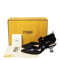 Pre Owned Fendi Black Leather And Canvas Colibri Slingback Sandals Size 37.5