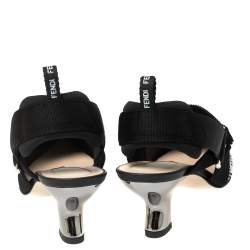 Pre Owned Fendi Black Leather And Canvas Colibri Slingback Sandals Size 37.5