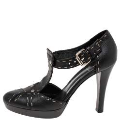 Pre Owned Fendi Black Leather T-Strap Platform Pumps Size 38
