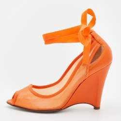 Pre Owned  Fendi Orange Mesh And Leather Ankle Wrap Cut Out Peep Toe Wedge Pumps Size 41