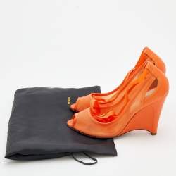 Pre Owned  Fendi Orange Mesh And Leather Ankle Wrap Cut Out Peep Toe Wedge Pumps Size 41