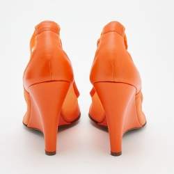 Pre Owned  Fendi Orange Mesh And Leather Ankle Wrap Cut Out Peep Toe Wedge Pumps Size 41