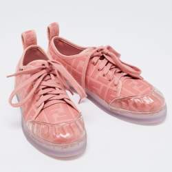 Pre Owned Fendi Pink Canvas And PVC FF Logo Low-Top Sneakers Size 38