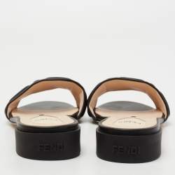 Pre Owned Fendi Black Leather Signature FF Flat Sandals Size 40 