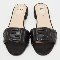Pre Owned Fendi Black Leather Signature FF Flat Sandals Size 40 