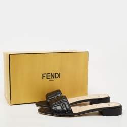 Pre Owned Fendi Black Leather Signature FF Flat Sandals Size 40 