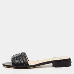 Pre Owned Fendi Black Leather Signature FF Flat Sandals Size 40 