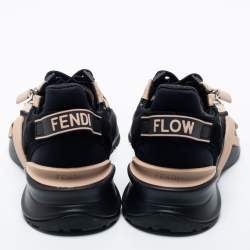 Pre Owned Fendi Black/Beige Mesh And Suede Flow Logo Low Top Sneakers Size 38