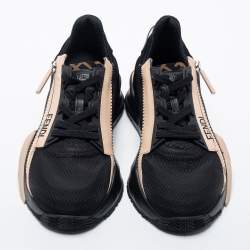 Pre Owned Fendi Black/Beige Mesh And Suede Flow Logo Low Top Sneakers Size 38