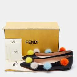 Pre Owned Fendi Black Leather and Mink Fur Pom Pom Ballerina Flats Size 38.5