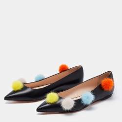 Pre Owned Fendi Black Leather and Mink Fur Pom Pom Ballerina Flats Size 38.5