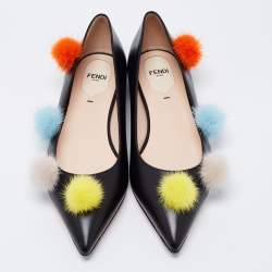 Pre Owned Fendi Black Leather and Mink Fur Pom Pom Ballerina Flats Size 38.5