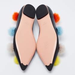 Pre Owned Fendi Black Leather and Mink Fur Pom Pom Ballerina Flats Size 38.5