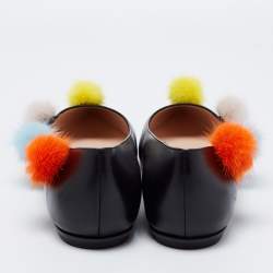Pre Owned Fendi Black Leather and Mink Fur Pom Pom Ballerina Flats Size 38.5