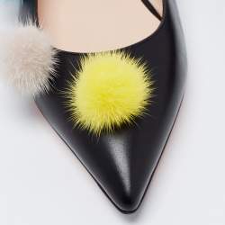 Pre Owned Fendi Black Leather and Mink Fur Pom Pom Ballerina Flats Size 38.5
