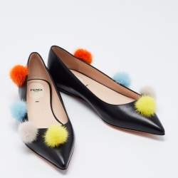 Pre Owned Fendi Black Leather and Mink Fur Pom Pom Ballerina Flats Size 38.5