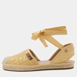 Pre Owned Fendi Yellow FF Logo Embroidered Fabric Ankle Wrap Espadrille Flats Size 37