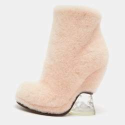 Pre Owned Fendi Light Pink Shearling Ice Heel Ankle Length Boots Size 36