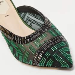 Pre Owned Fendi Green/Black Crystal Embellished Mesh Colibri Mules Size 35